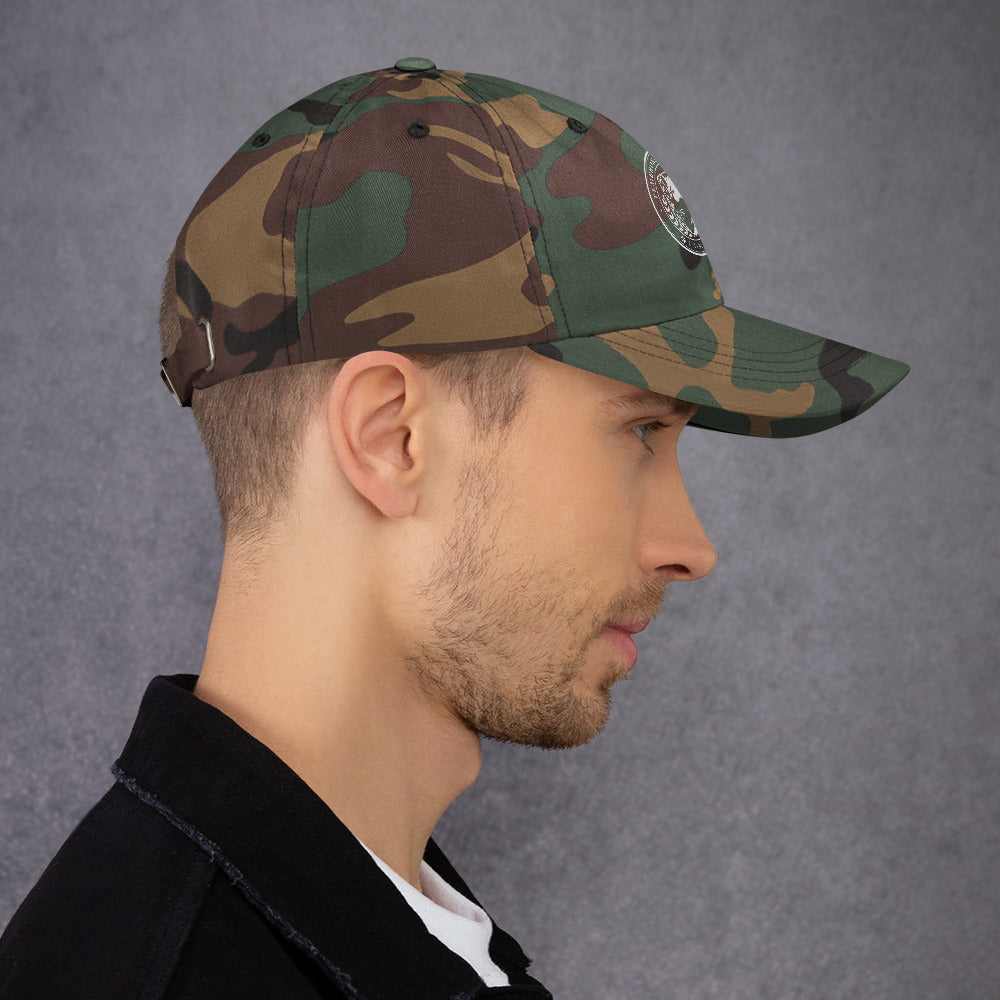Side view of a stylish Dad hat in green camo with a curved visor, perfect for casual outings.