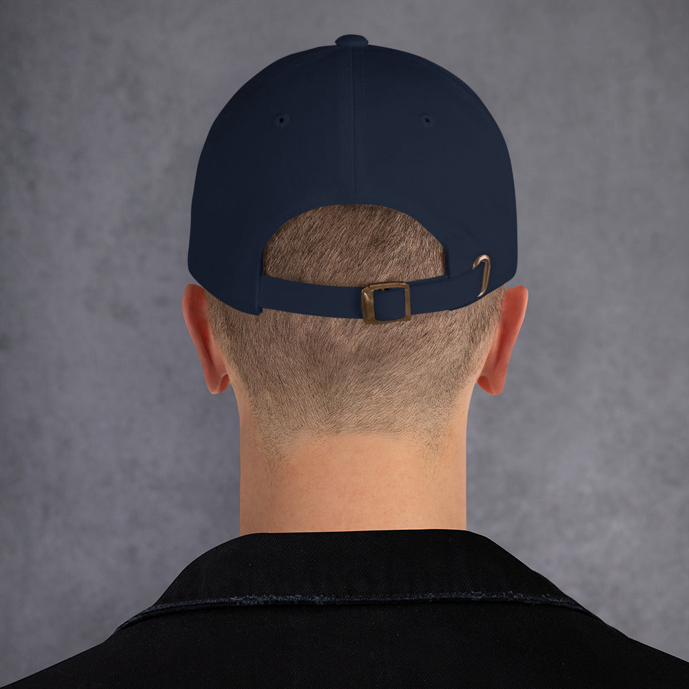 Rear view of a Dad hat with adjustable strap, showcasing its low-profile design and curved visor.