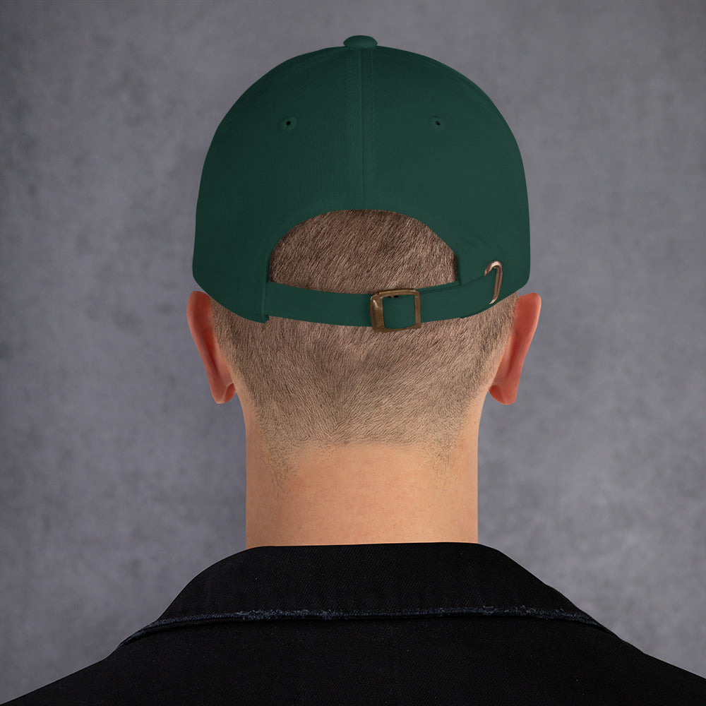 Back view of a green camo dad hat with adjustable strap and curved visor.