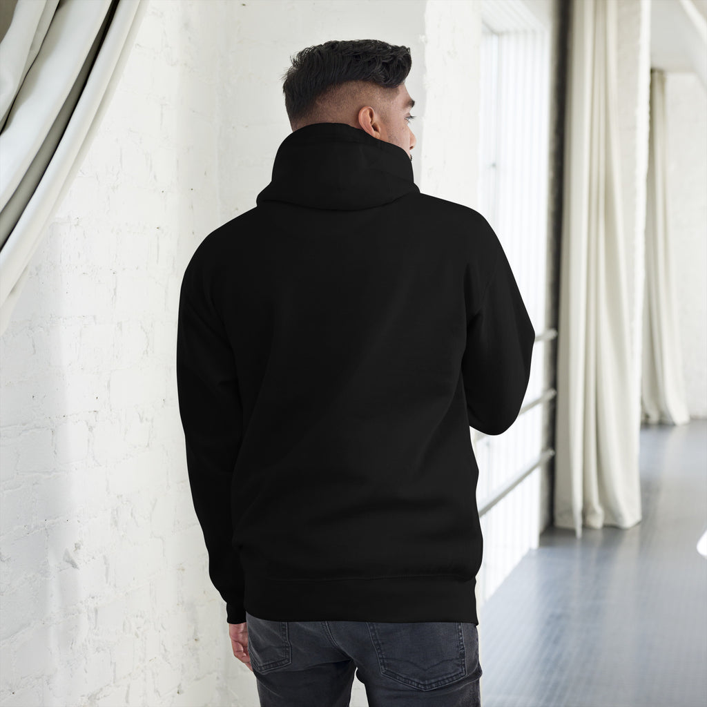Unisex Hoodie displayed from the back, featuring a black design and warm hood for chilly weather.
