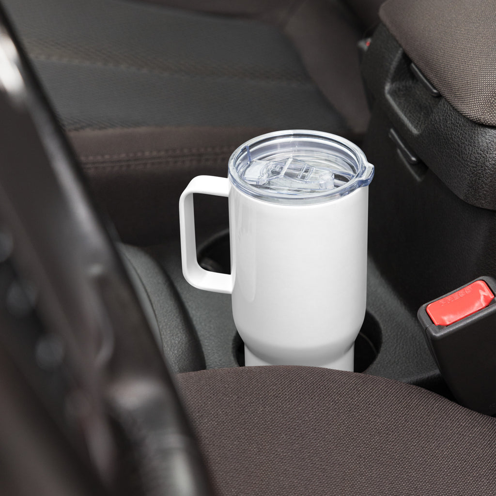 Travel mug with a handle fitted in a car cup holder, designed for convenience and spill-proof use.