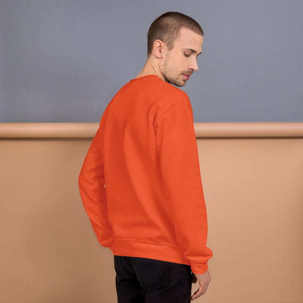 Unisex Sweatshirt in vibrant orange color, showing a model from the back wearing a stylish, comfortable fit.