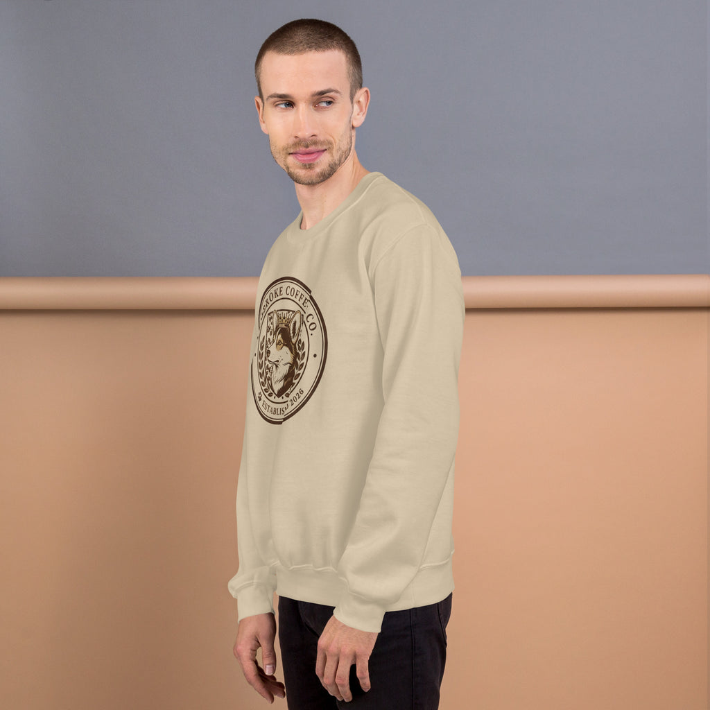Unisex Sweatshirt worn by a man, featuring a logo design, ideal for colder months.