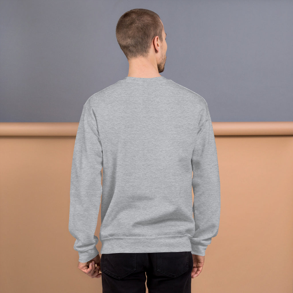 Back view of a man wearing a grey Unisex Sweatshirt, showcasing its comfortable fit and soft fabric.