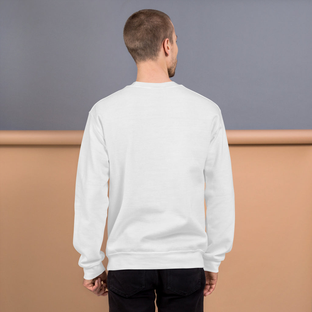Back view of a man wearing a white Unisex Sweatshirt, showcasing its classic fit and comfortable design.