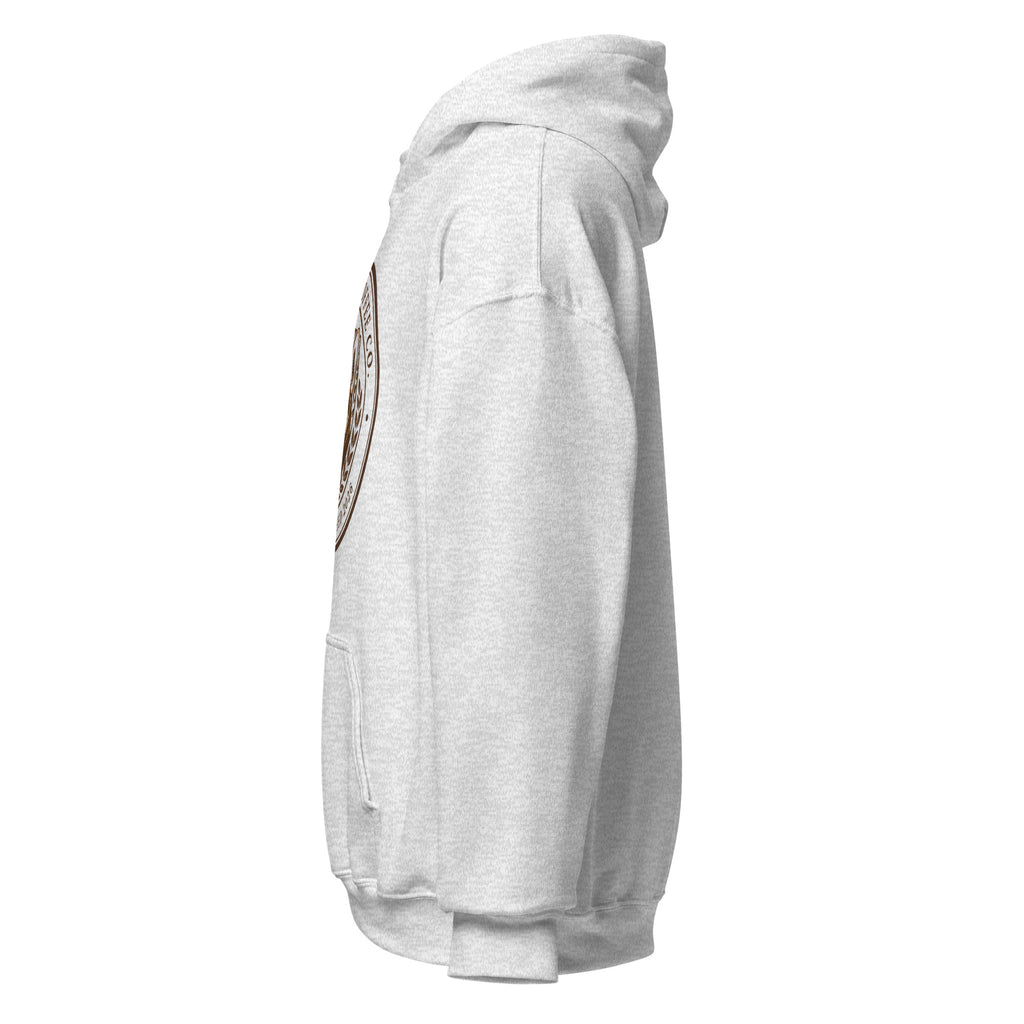 Unisex Hoodie in light gray, showcasing a soft fabric, side view with a double-lined hood and pouch pocket.