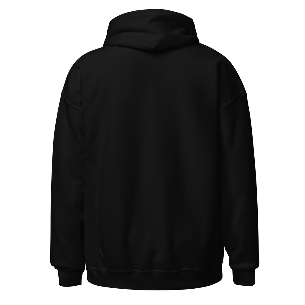 Back view of a cozy Unisex Hoodie in black, featuring a double-lined hood and a relaxed fit for comfort.