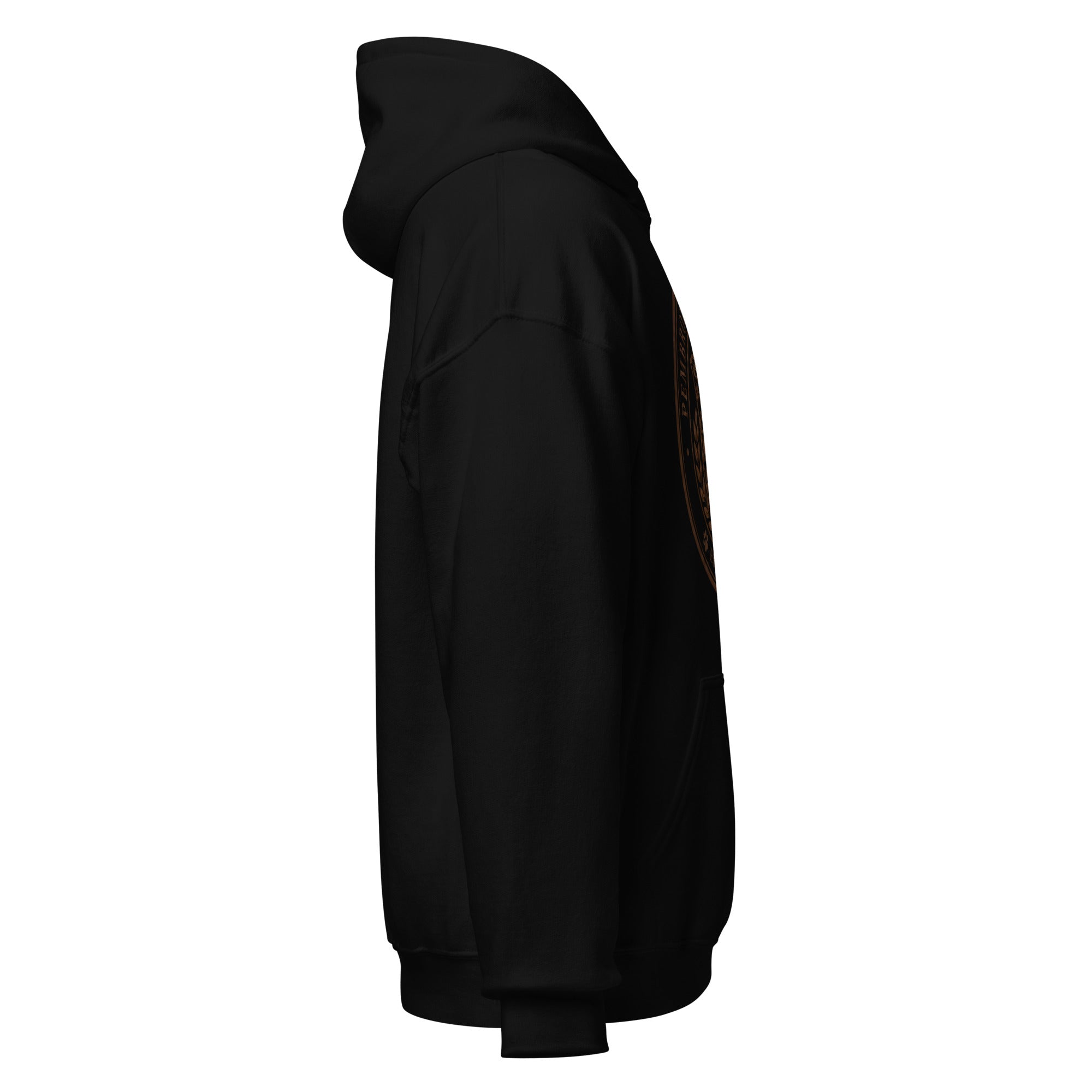 Unisex Hoodie in black with a side view showcasing its soft fabric and stylish design.