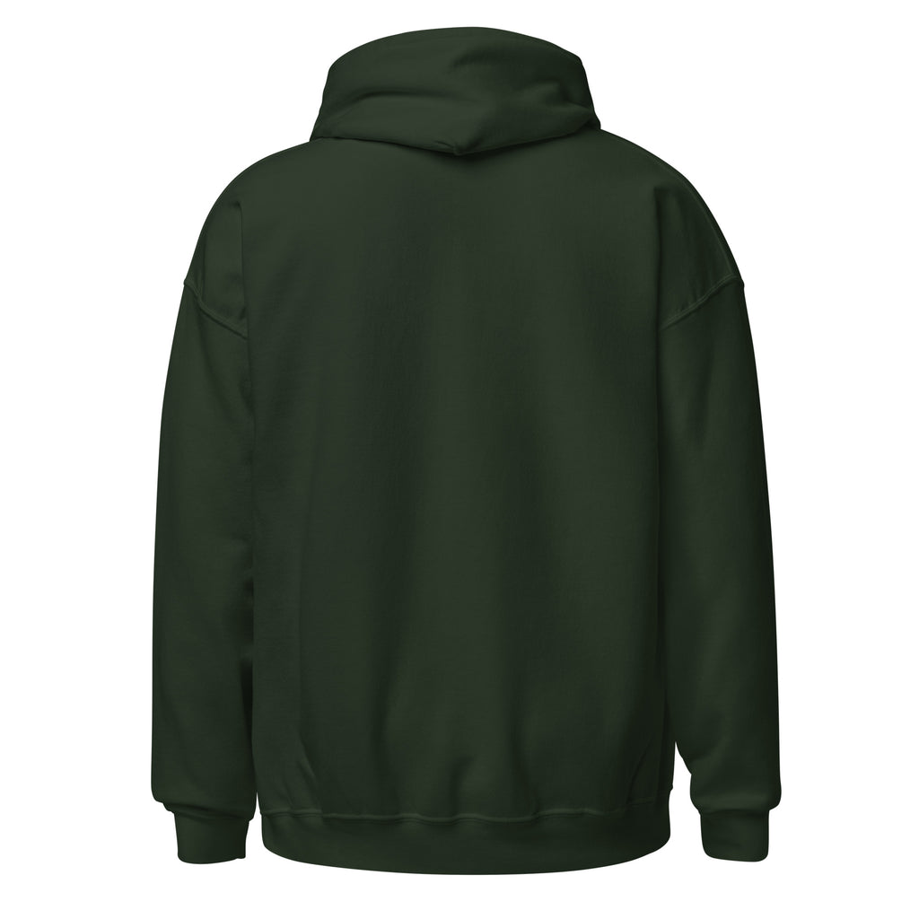 Back view of a Unisex Hoodie in dark green, showcasing its cozy design and double-lined hood.
