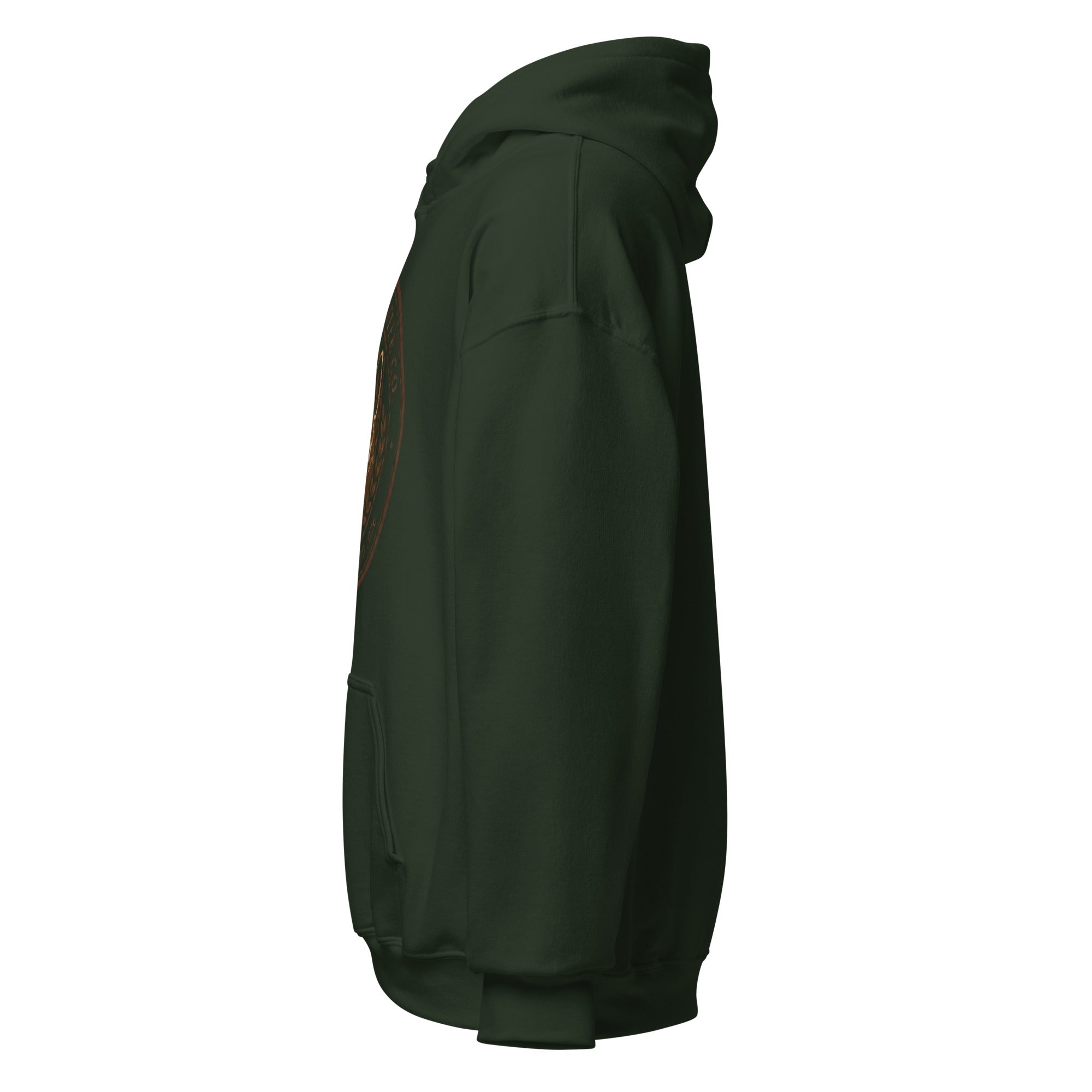 Unisex Hoodie in dark green color showcasing a side view with a cozy design and pocket.
