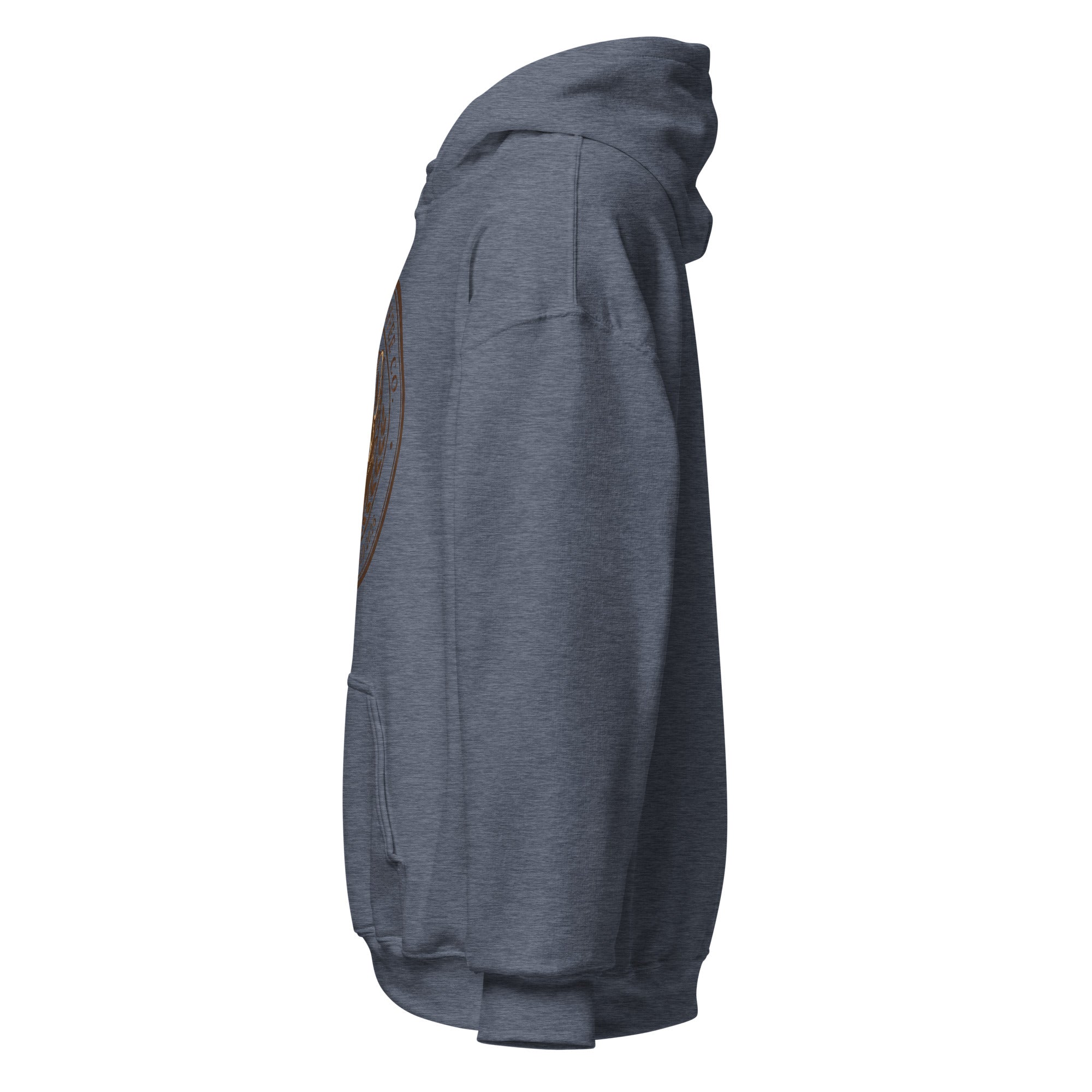 Unisex Hoodie in heather navy color, featuring a side view showcasing its comfortable fit and stylish design.