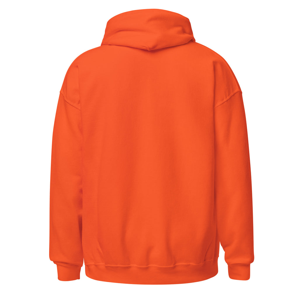 Unisex Hoodie in vibrant orange, showcasing the back view with a cozy double-lined hood.