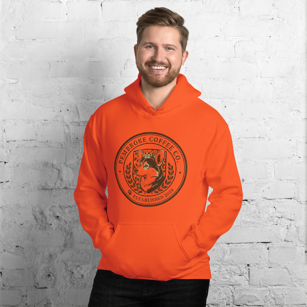 Unisex Hoodie in bright orange featuring a logo of Cherokee Coffee Co. Perfect for cozy evenings.