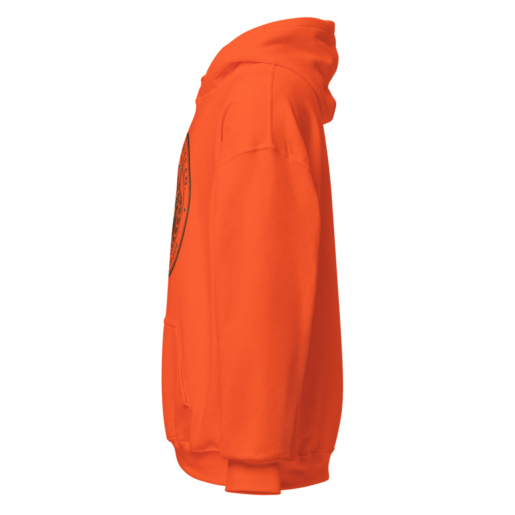 Unisex Hoodie in vibrant orange displayed from the side, featuring a cozy design and a soft fabric.