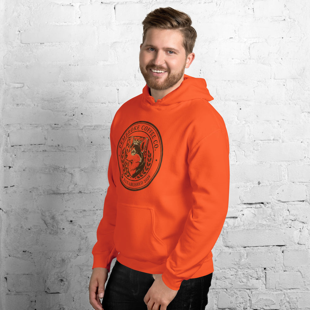 Model wearing a vibrant orange Unisex Hoodie featuring a unique graphic design, perfect for stylish comfort.