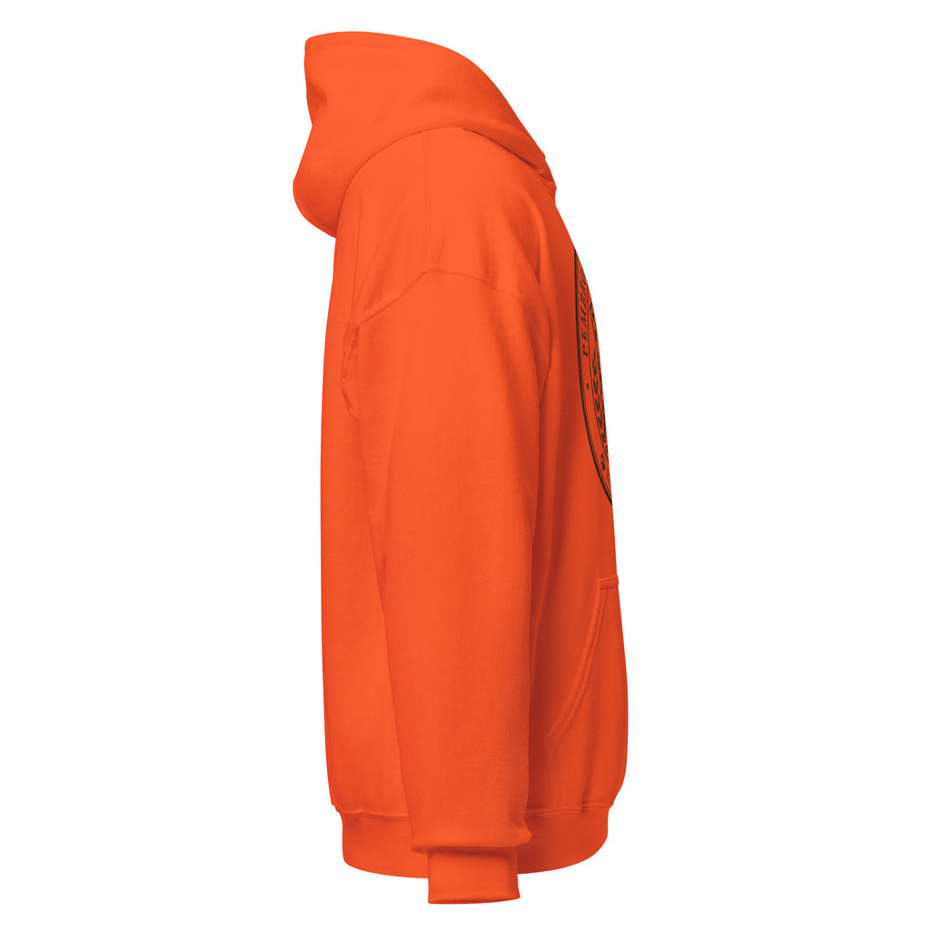 Side view of a vibrant orange Unisex Hoodie, showcasing its comfortable fit and stylish design.