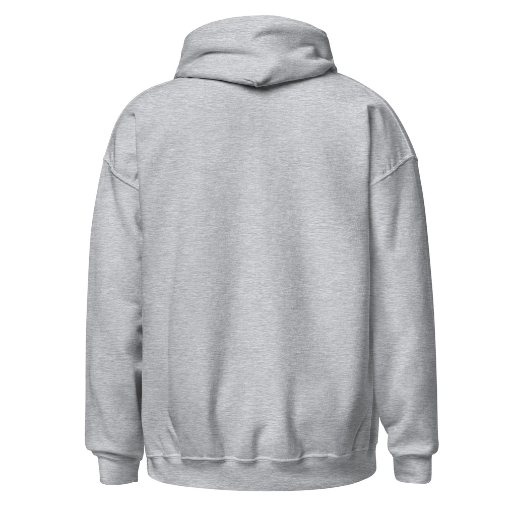 Back view of a soft gray Unisex Hoodie with a double-lined hood and matching drawcord.