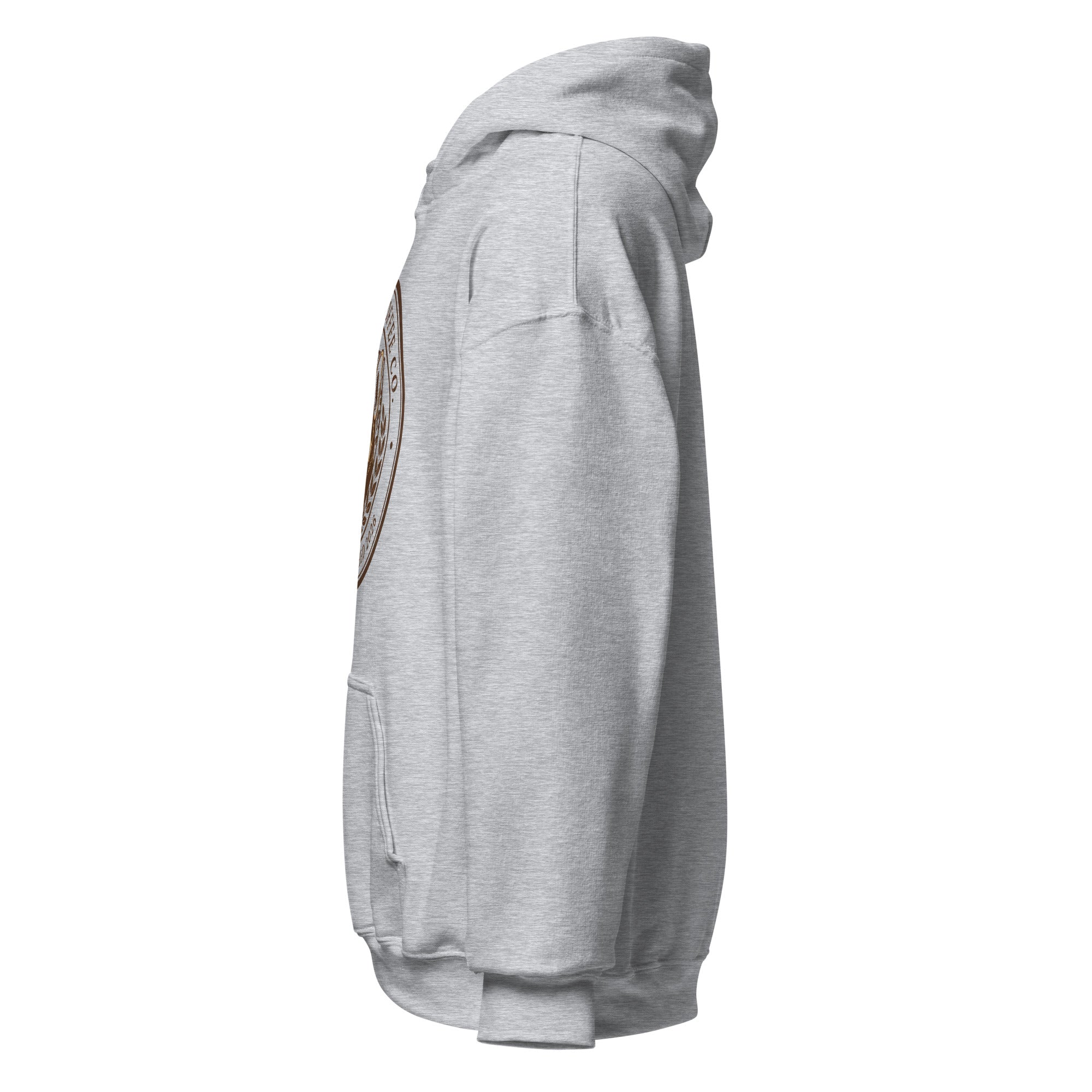 Unisex Hoodie displayed from the side, showcasing its soft fabric and stylish design in gray.