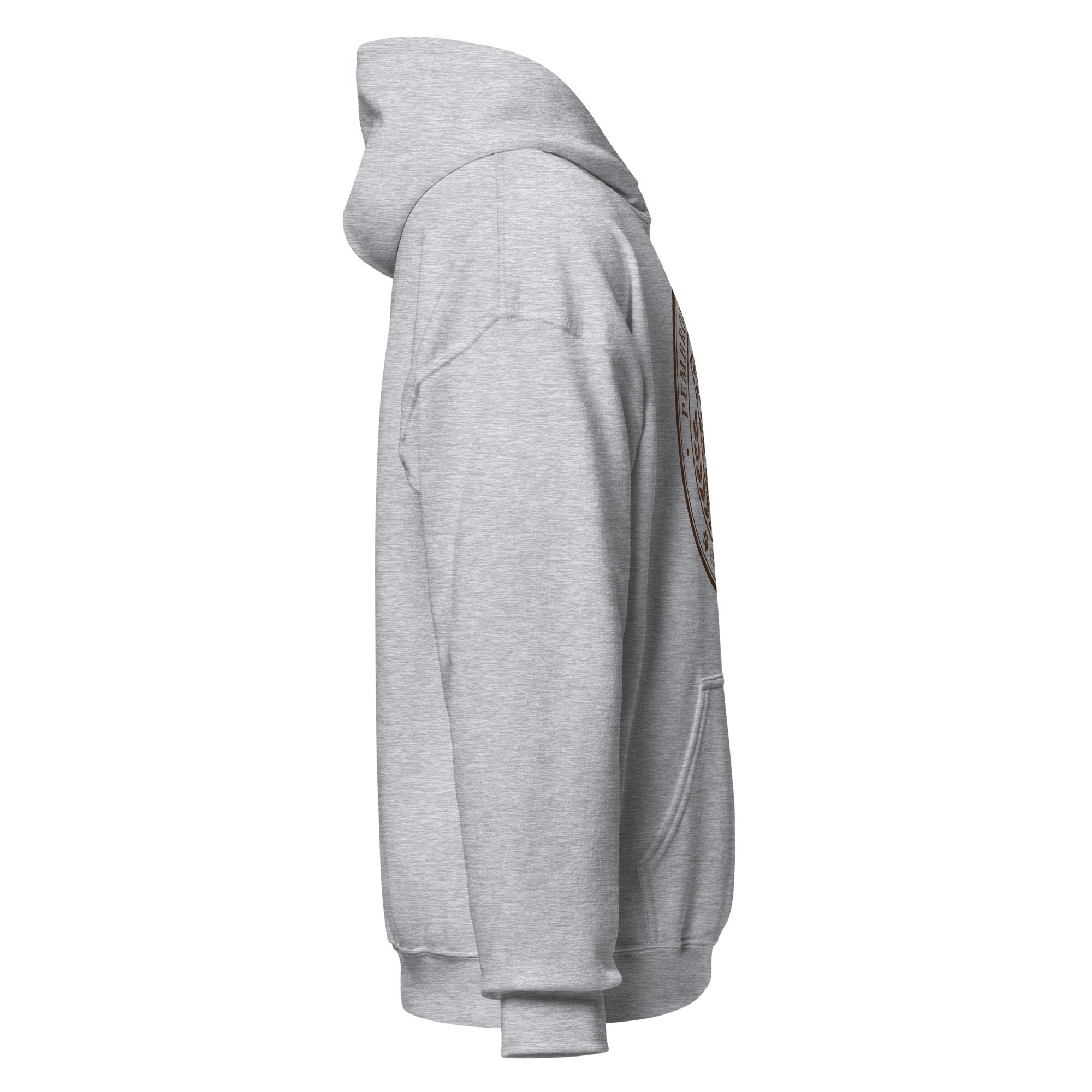 Side view of a soft gray Unisex Hoodie with a classic design and cozy feel.