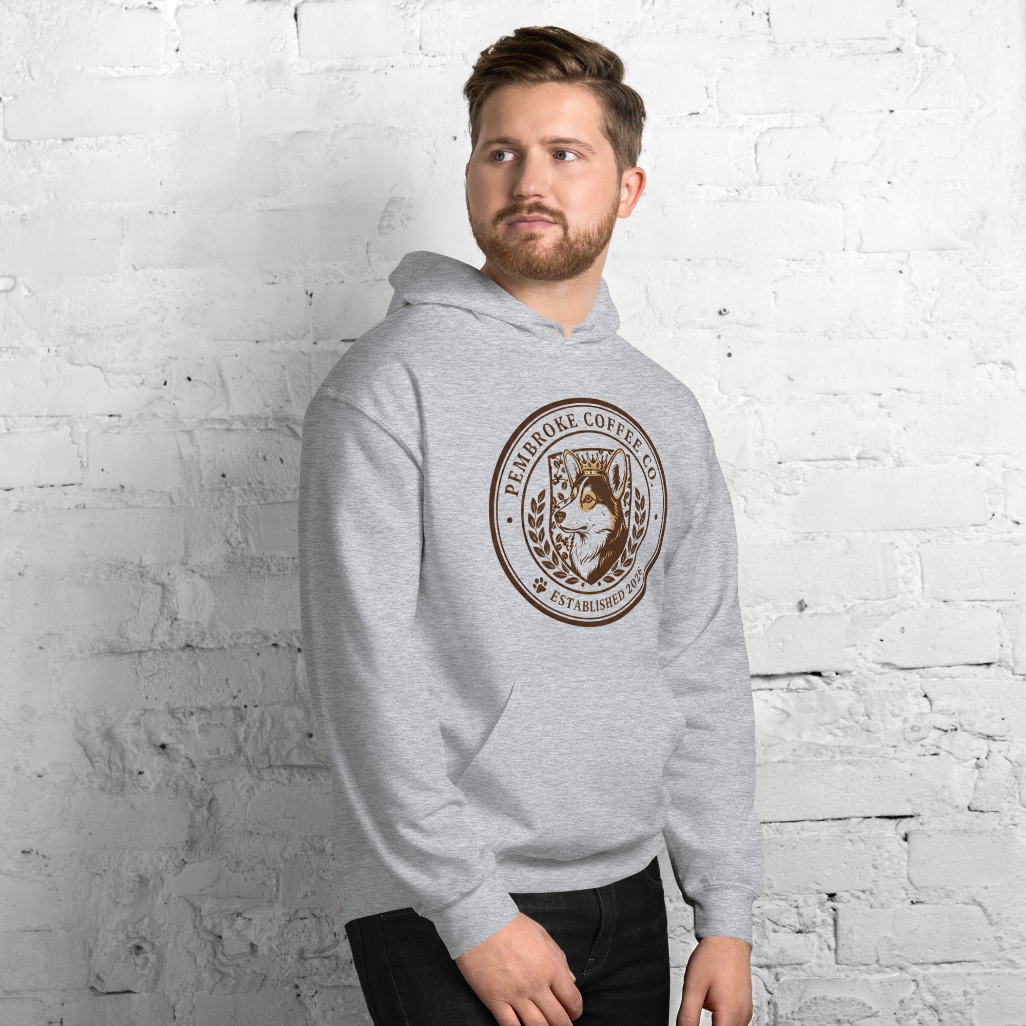 Unisex Hoodie in gray featuring a vintage coffee shop logo design, perfect for a cozy and stylish look.