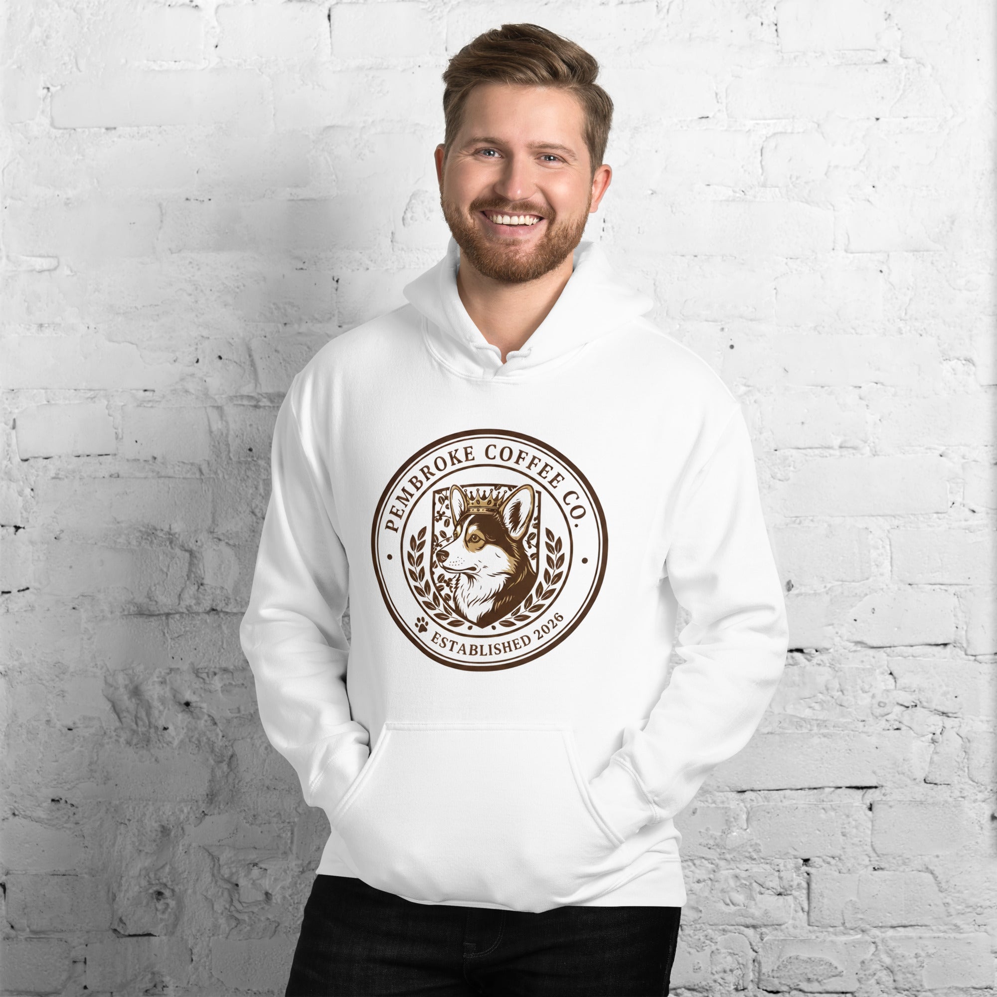 Unisex Hoodie featuring Pembroke Coffee Co logo on a white background with a smiling model.