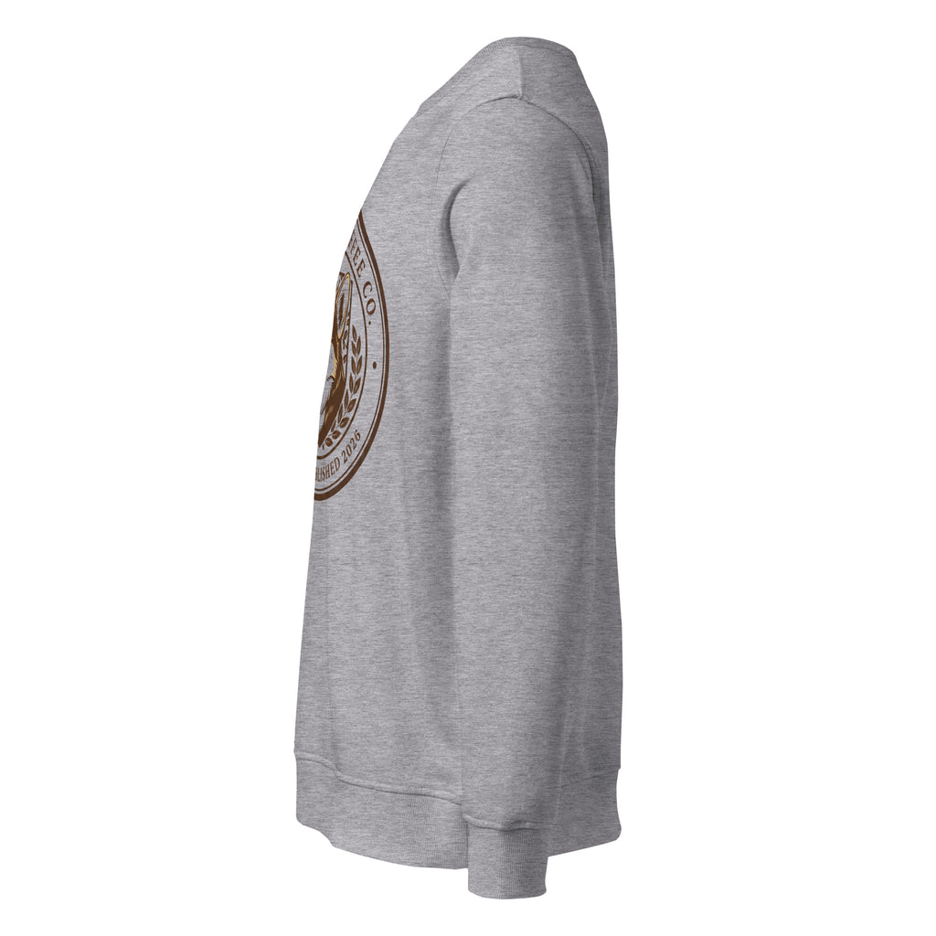 Side view of a Unisex organic sweatshirt in gray featuring a stylish logo design.