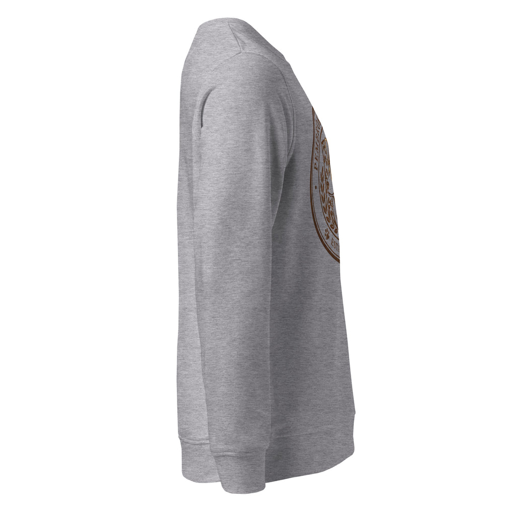 Unisex organic sweatshirt in grey, showcasing a side view with set-in sleeves and ribbed collar detail.