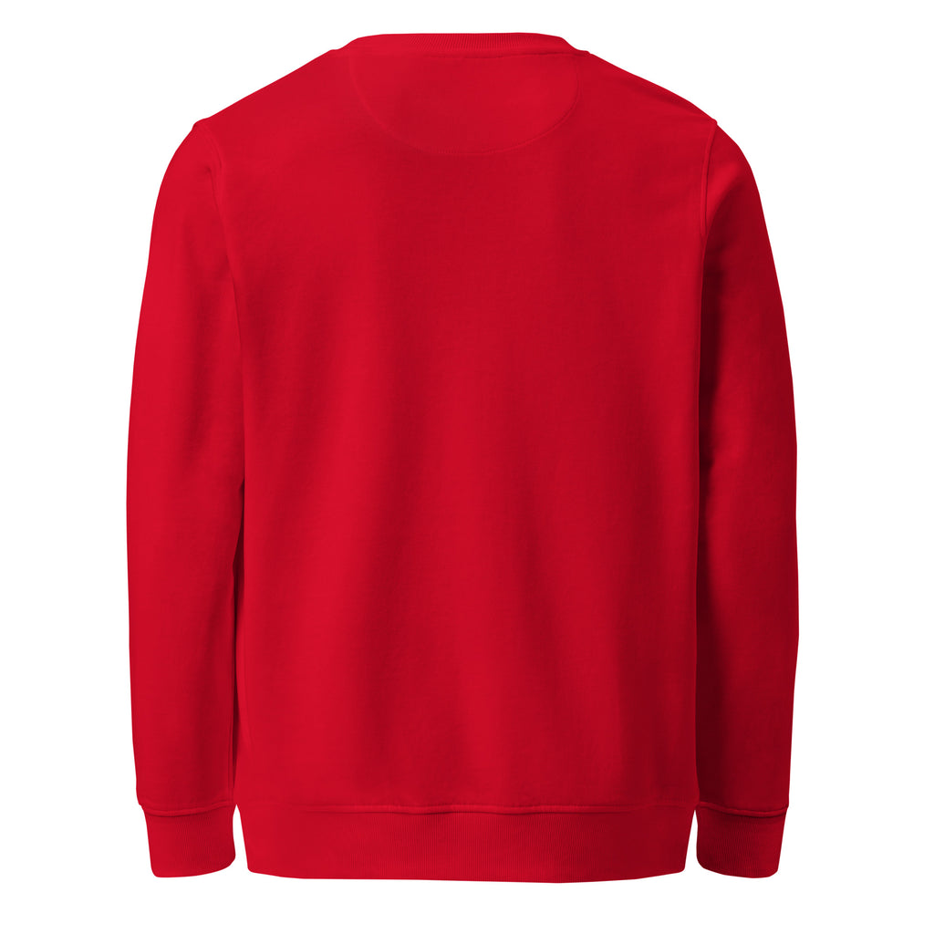 Back view of a red Unisex organic sweatshirt made from organic and recycled materials.