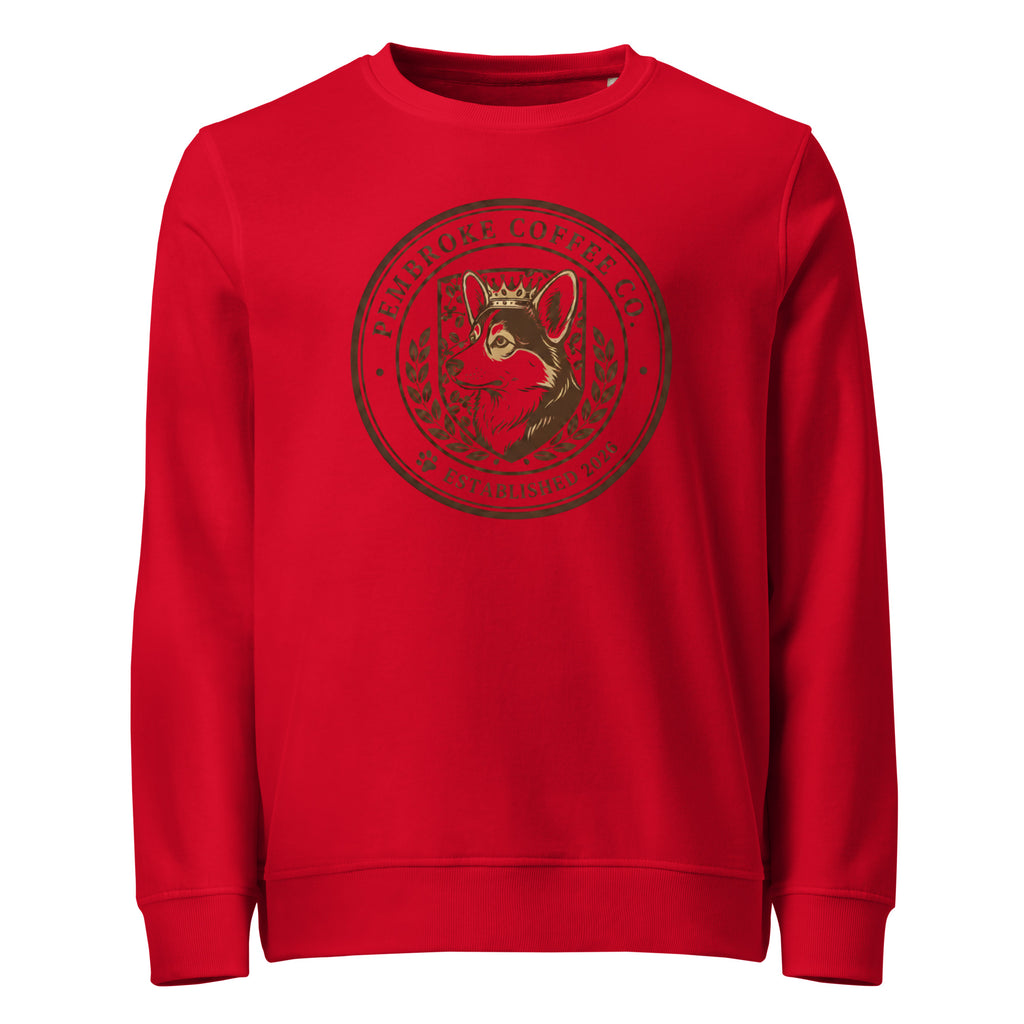 Unisex organic sweatshirt in red with a coffee-themed graphic design.