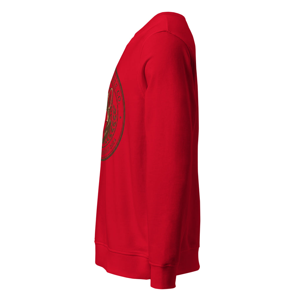 Side view of a red Unisex organic sweatshirt featuring a graphic design.