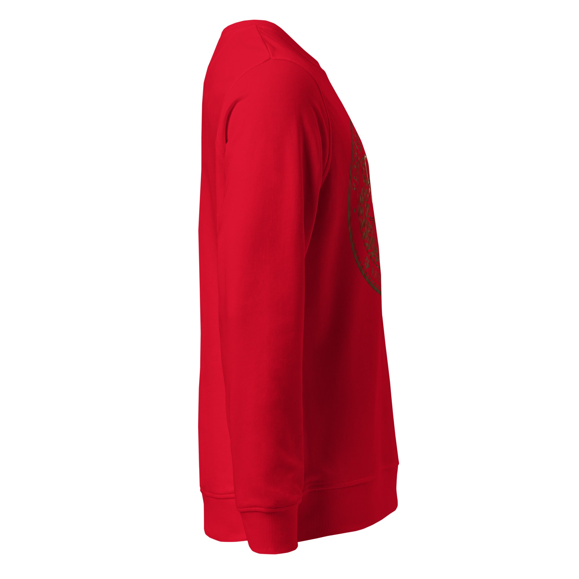 Side view of a red Unisex organic sweatshirt featuring a stylish design and cozy fabric.