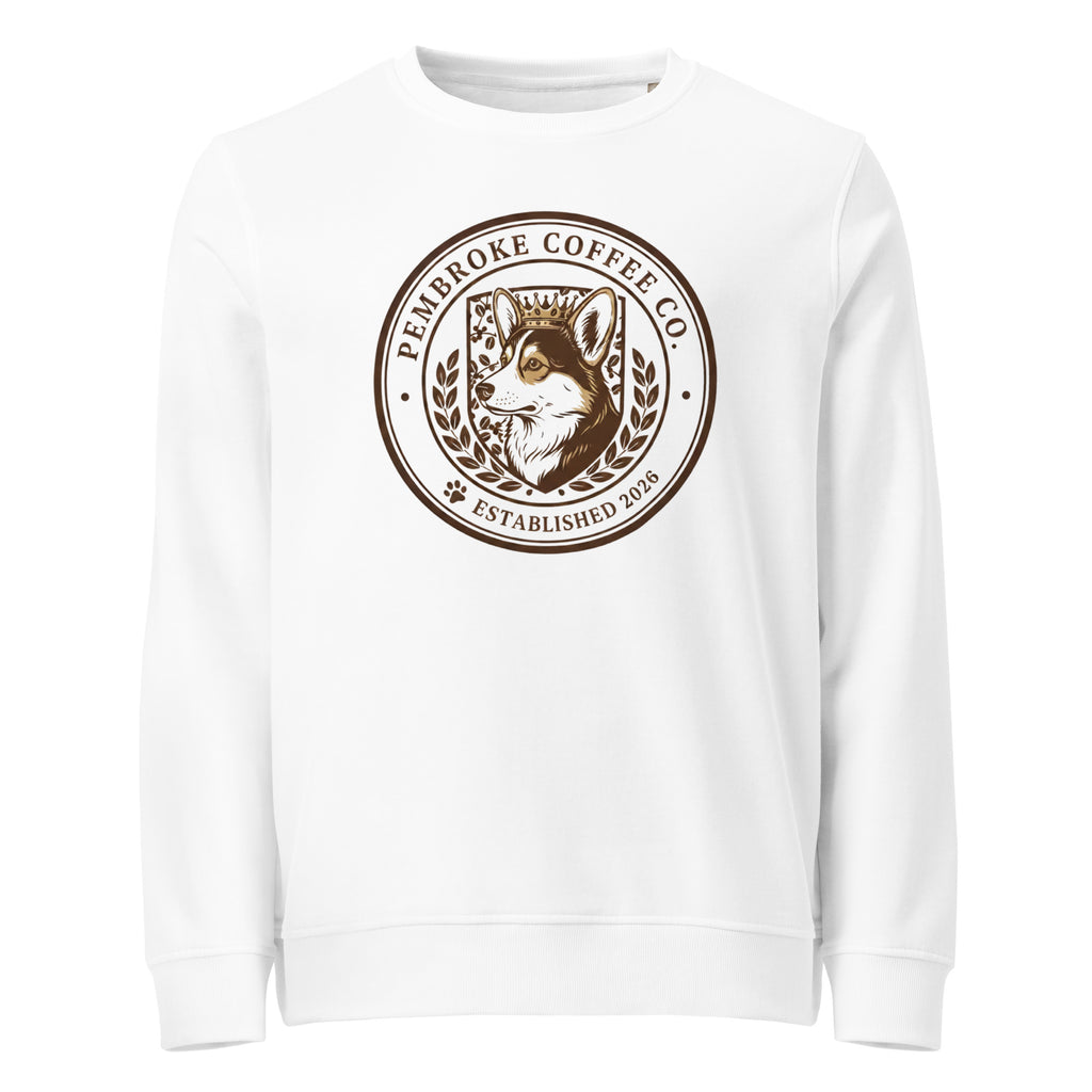 Unisex organic sweatshirt featuring Pembroke Coffee Co logo on a white background, showcasing eco-friendly fashion.
