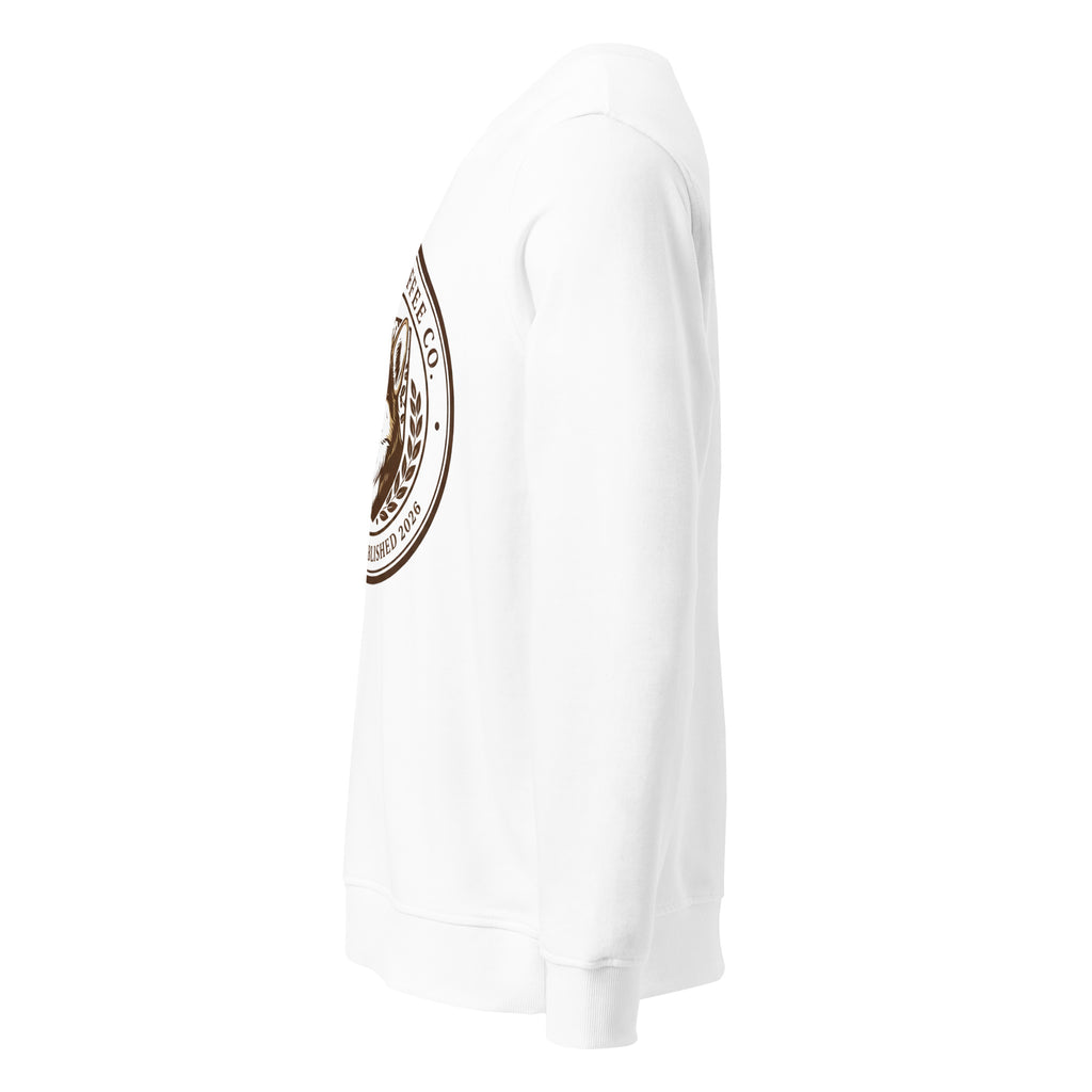 Side view of a Unisex organic sweatshirt in white with a printed logo design.