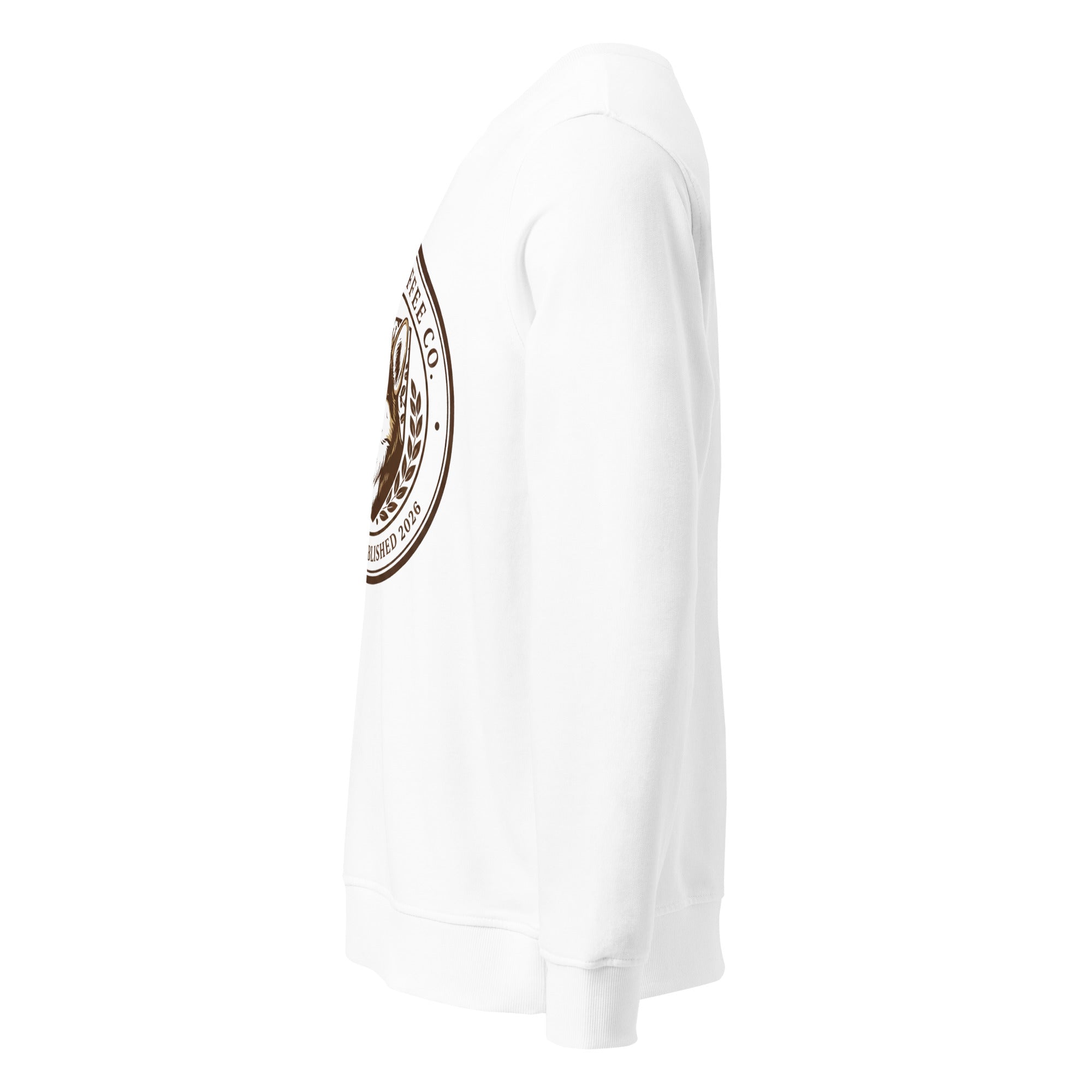 Side view of a Unisex organic sweatshirt in white with a printed logo design.