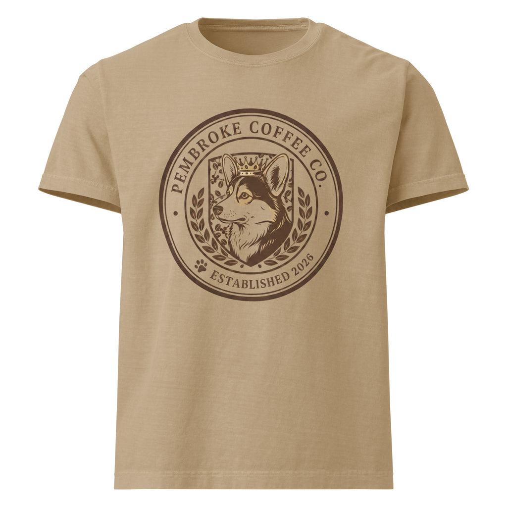 Unisex oversized t-shirt in beige with Pembroke Coffee Co. logo featuring a crowned fox.