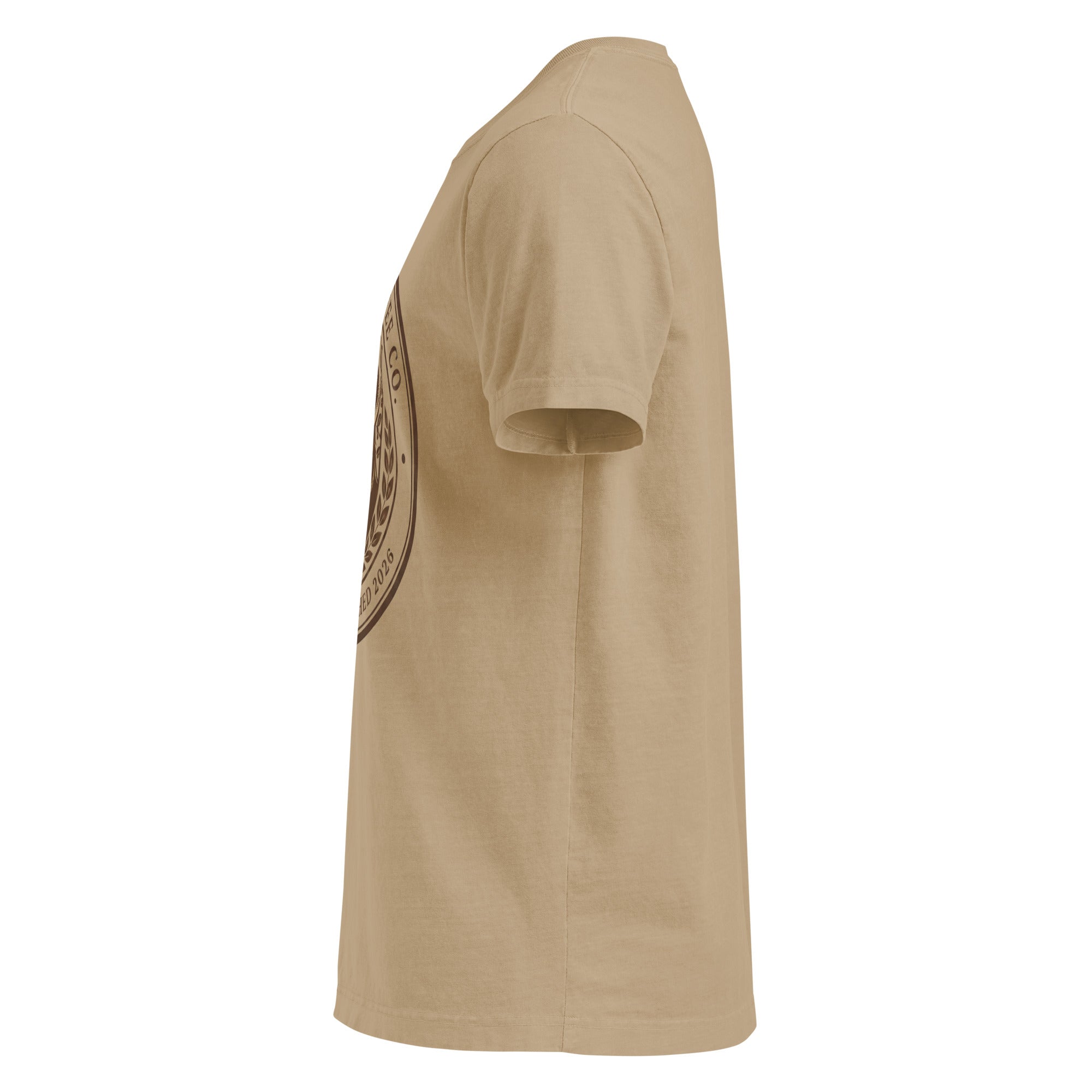 Unisex oversized t-shirt in beige, showcasing side view with vintage design details.