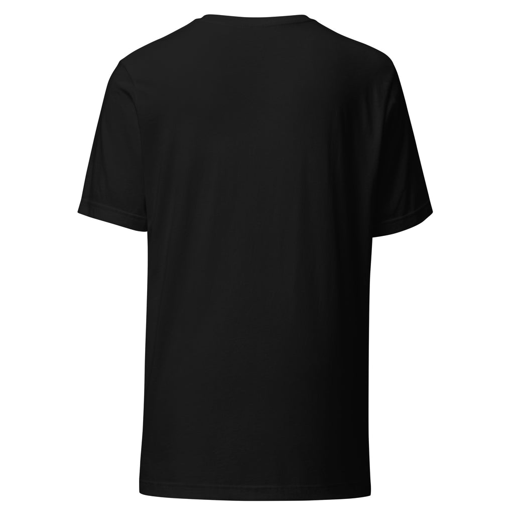 Back view of a black Unisex t-shirt, soft and comfortable, perfect for everyday wear.