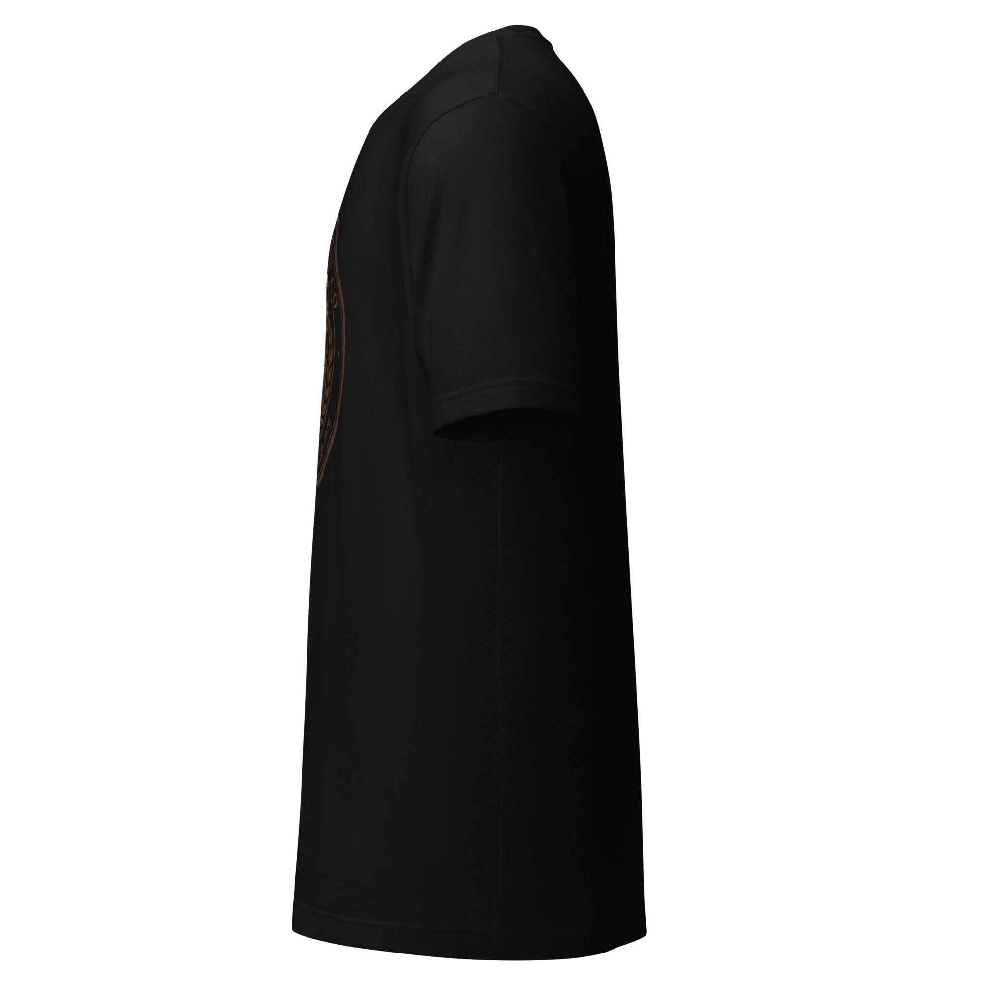 Unisex t-shirt in black, showcasing a side view with a comfortable fit and soft fabric.