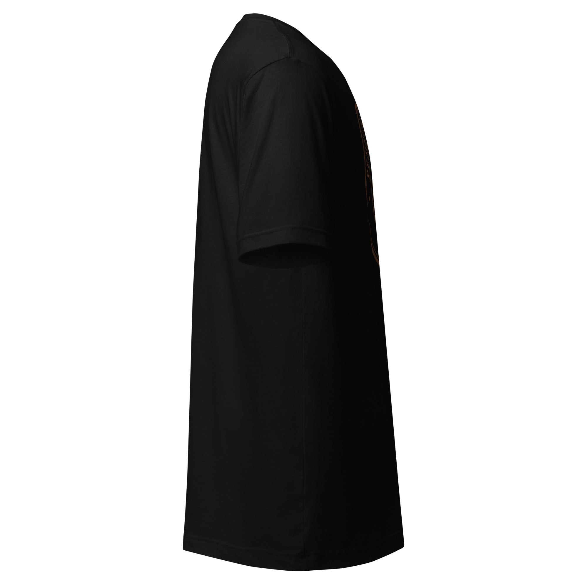 Side view of a black Unisex t-shirt showcasing its soft fabric and comfortable fit.