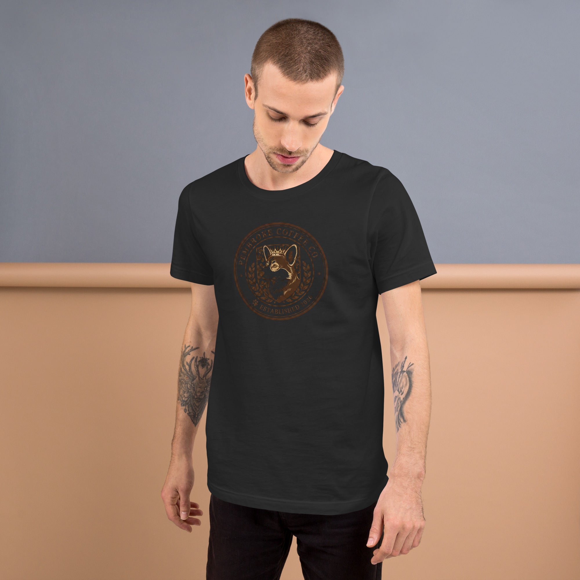 Unisex t-shirt displayed by a model, featuring a graphic design on a black background.