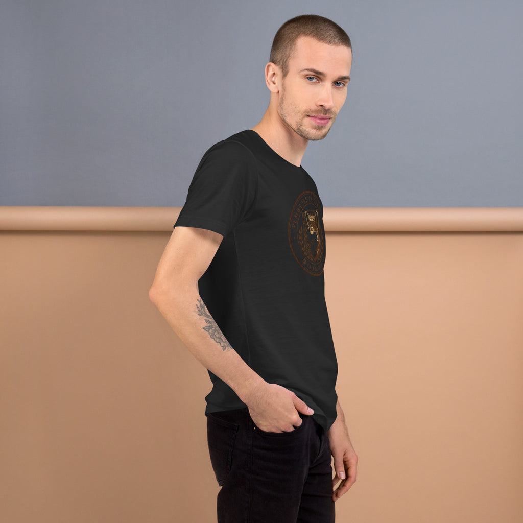 Stylish male model wearing a black unisex t-shirt featuring a unique design, showcasing comfort and fit.