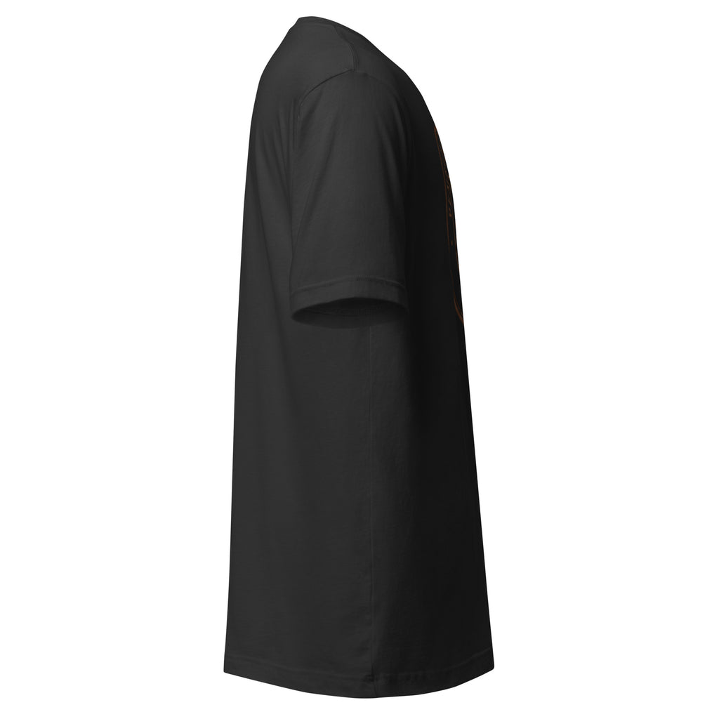Unisex t-shirt in black, showcasing a side view of its comfortable and flattering fit.