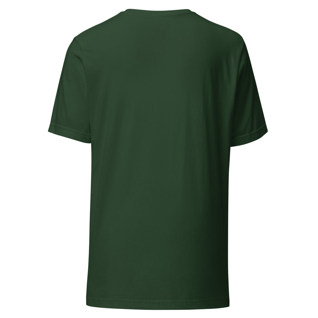 Back view of a soft, lightweight Unisex t-shirt in dark green, featuring comfortable fabric and side-seamed construction.