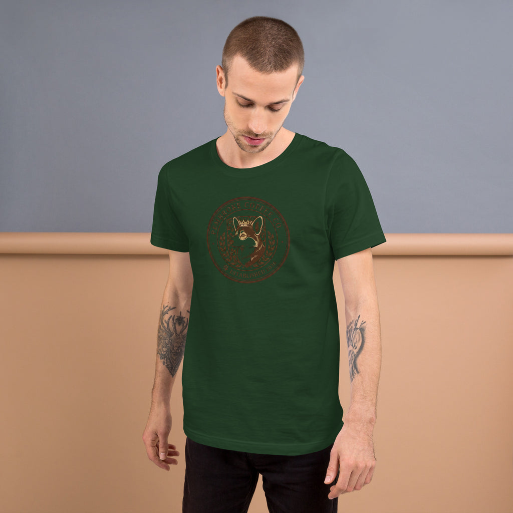 Model wearing a green unisex t-shirt featuring a unique graphic design in a stylish setting.