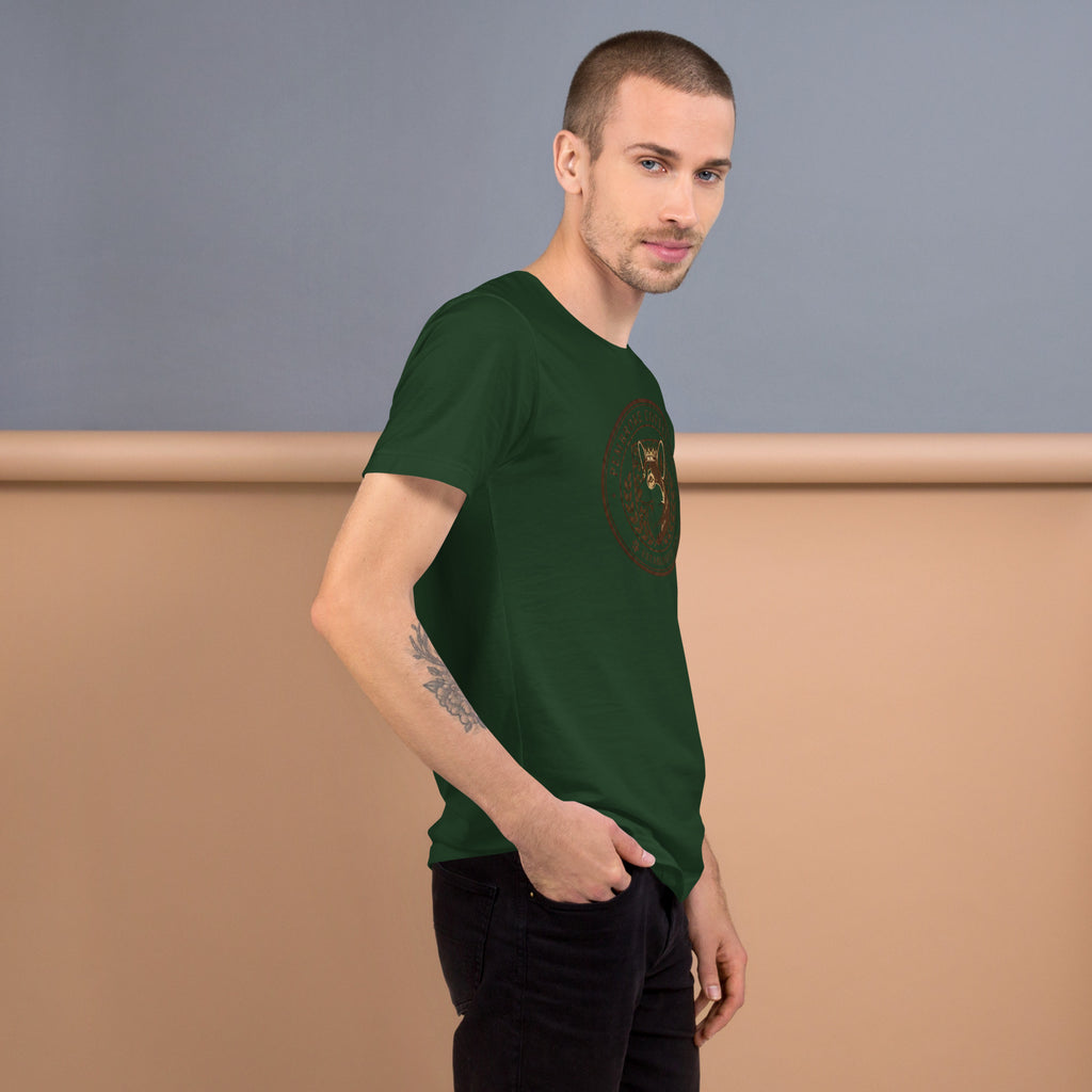 Unisex t-shirt displayed on a model, featuring a forest green color and a stylish graphic design.
