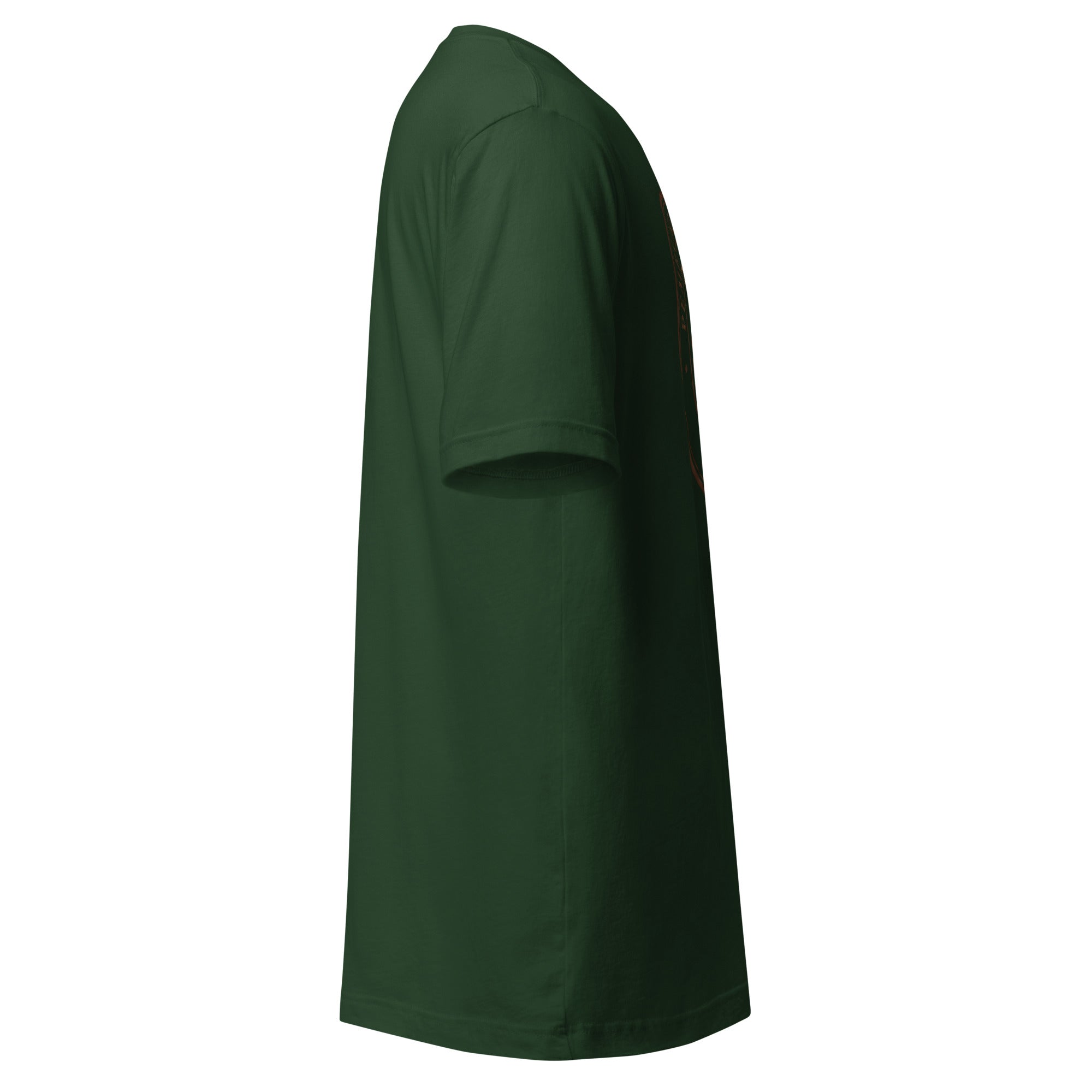 Unisex t-shirt in green color displayed from the side, showcasing its soft and lightweight fabric.