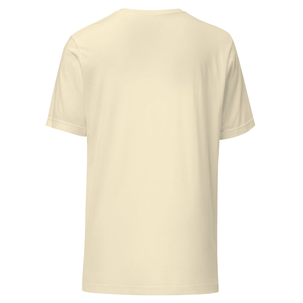 Back view of a lightweight and comfortable Unisex t-shirt in a soft beige color.