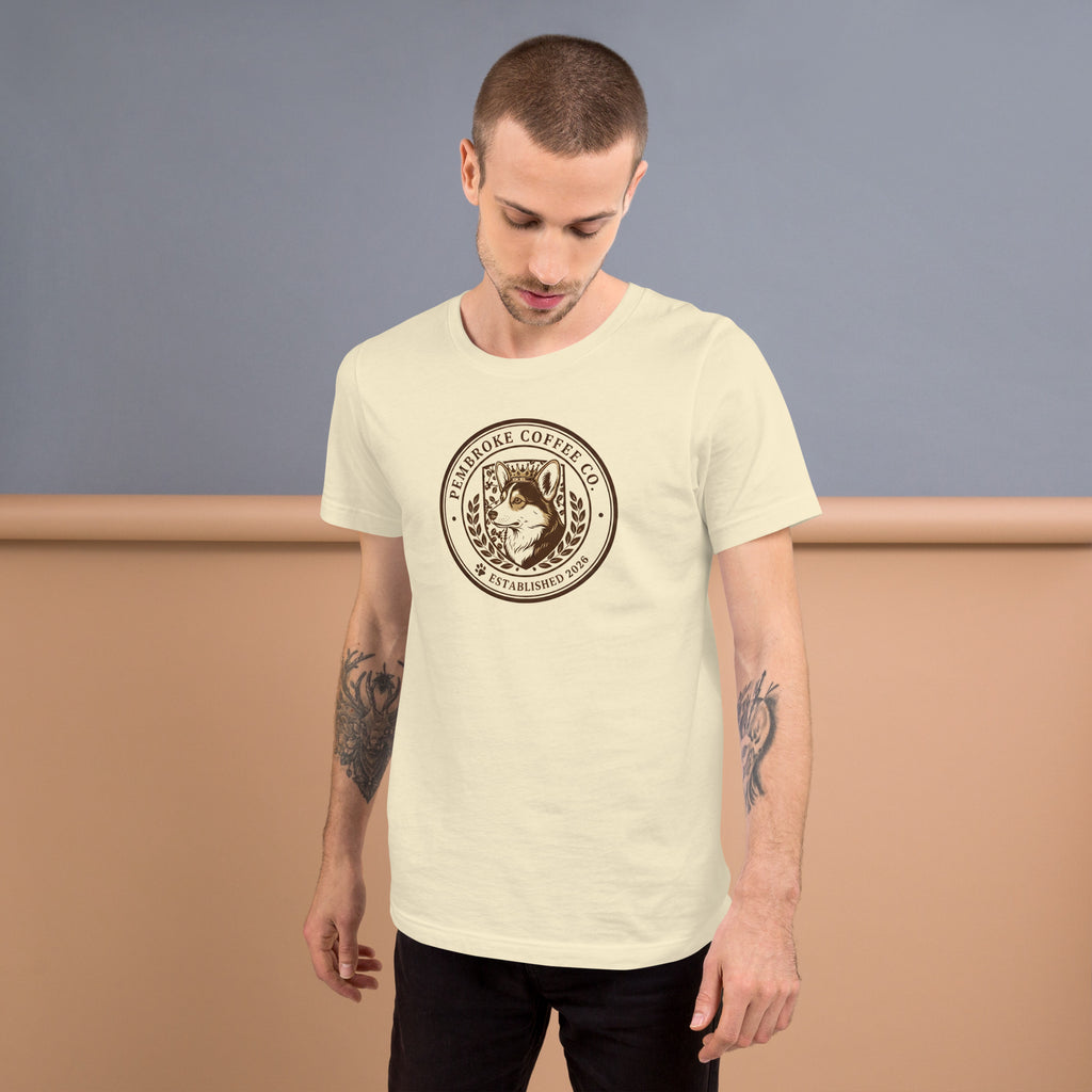 Unisex t-shirt featuring a unique coffee logo design, made from soft and lightweight cotton, perfect for all.
