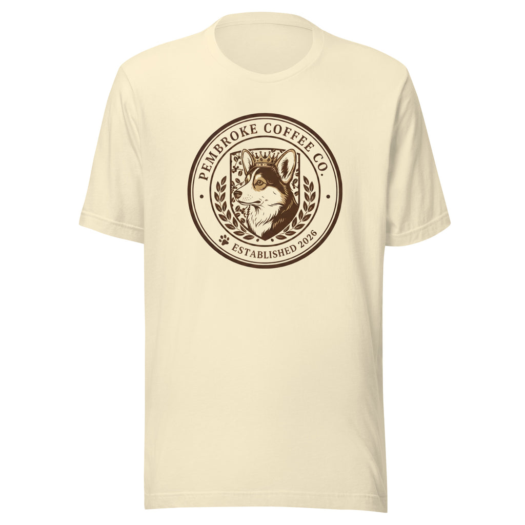 Unisex t-shirt featuring Pembroke Coffee Co. logo with a dog design, soft and comfortable fabric.