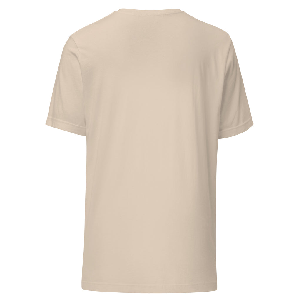Back view of a soft and lightweight Unisex t-shirt in a natural color, showcasing its comfortable design.